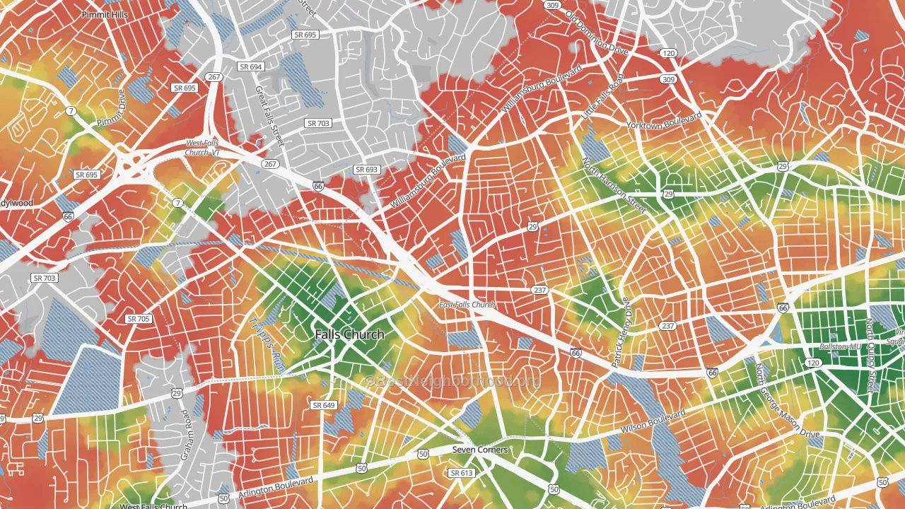 Walk Grade map of Arlington-East Falls, Arlington, VA, walkable areas in green and car-dependent areas in red