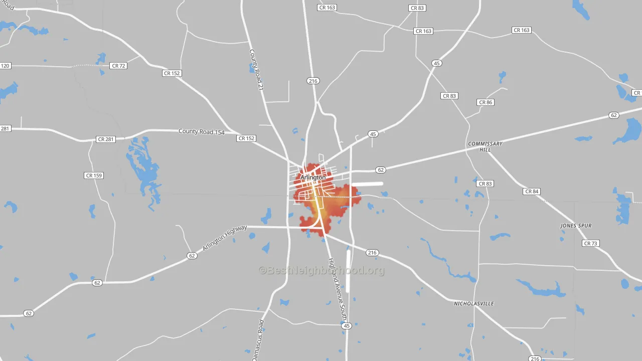 Walk Grade map of Arlington, GA, walkable areas in green and car-dependent areas in red
