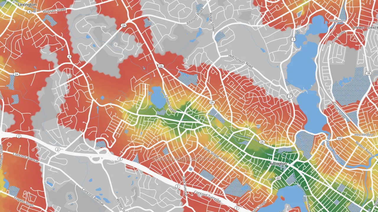 Walk Grade map of Arlington Heights, Arlington, MA, walkable areas in green and car-dependent areas in red