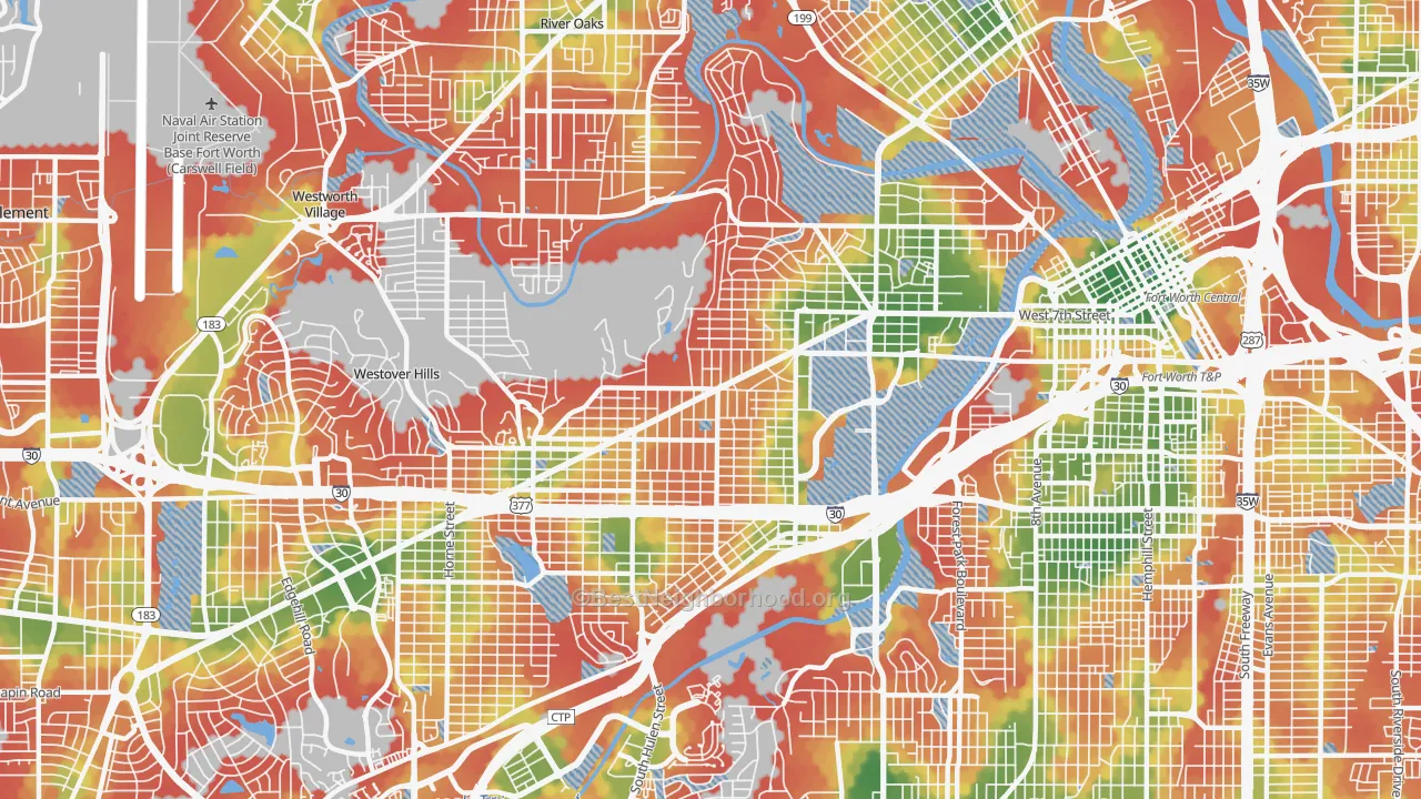 Walk Grade map of Arlington Heights, Fort Worth, TX, walkable areas in green and car-dependent areas in red