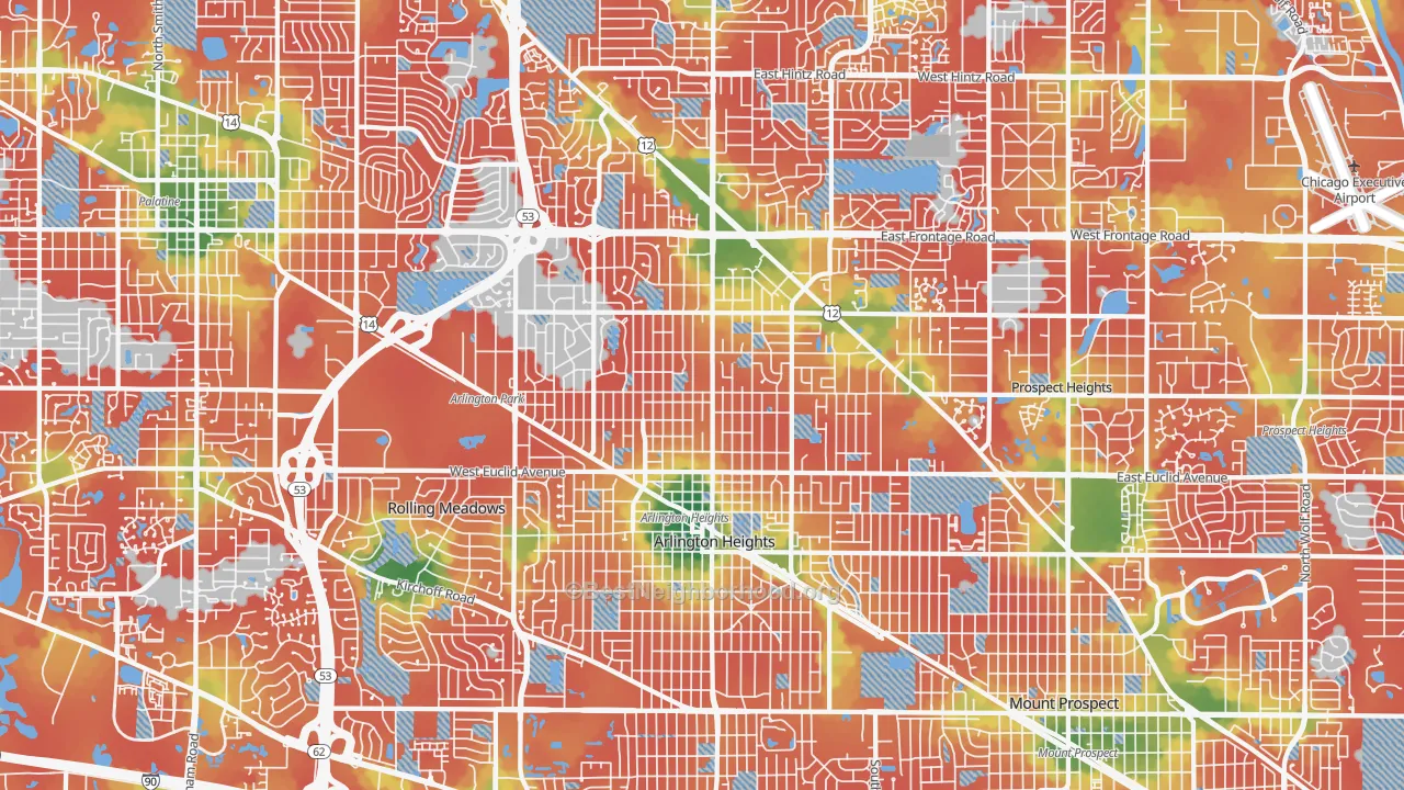 Walk Grade map of Arlington Heights, IL, walkable areas in green and car-dependent areas in red