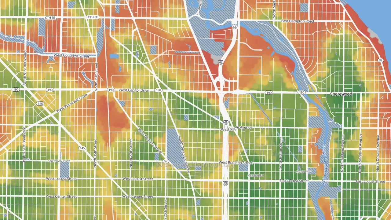 Walk Grade map of Arlington Heights, Milwaukee, WI, walkable areas in green and car-dependent areas in red