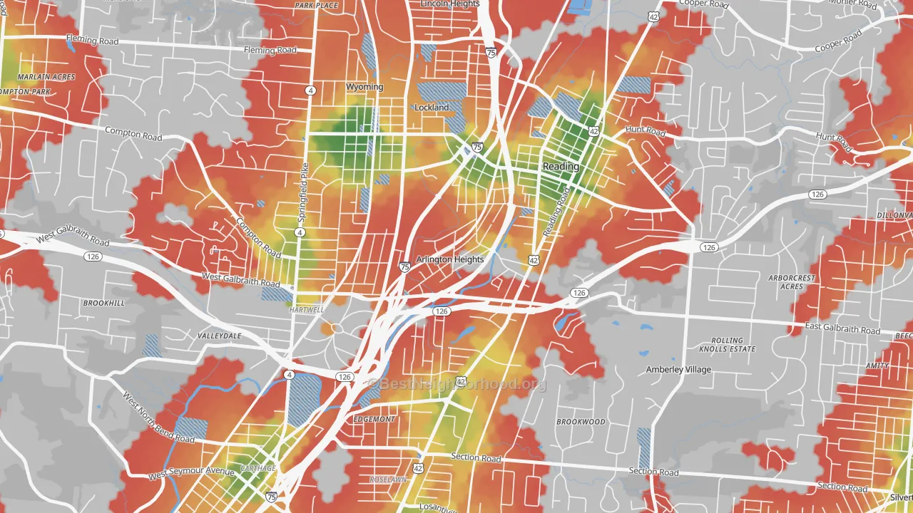 Walk Grade map of Arlington Heights, OH, walkable areas in green and car-dependent areas in red