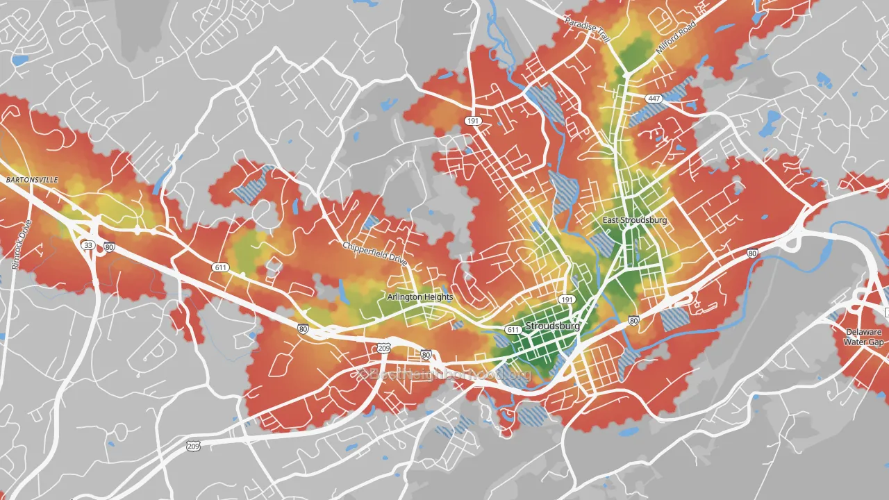 Walk Grade map of Arlington Heights, PA, walkable areas in green and car-dependent areas in red