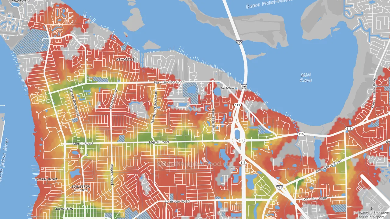 Walk Grade map of Arlington Hills, Jacksonville, FL, walkable areas in green and car-dependent areas in red