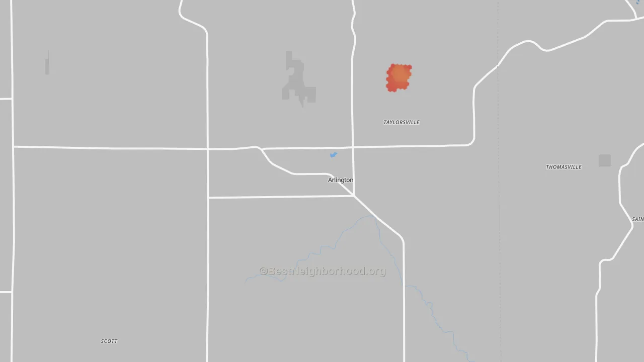 Walk Grade map of Arlington, IA, walkable areas in green and car-dependent areas in red