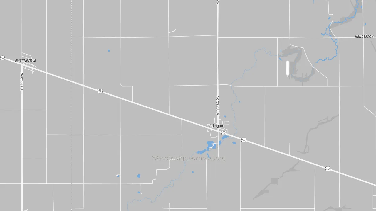 Walk Grade map of Arlington, IN, walkable areas in green and car-dependent areas in red