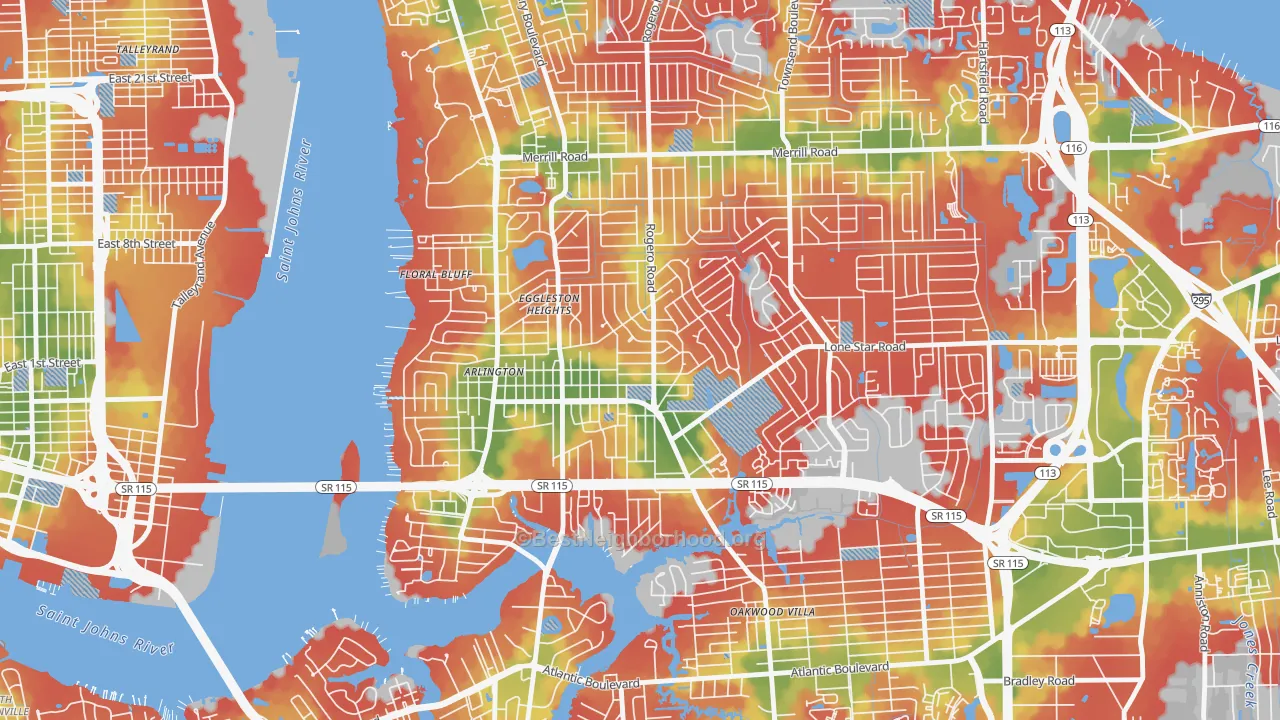 Walk Grade map of Arlington, Jacksonville, FL, walkable areas in green and car-dependent areas in red