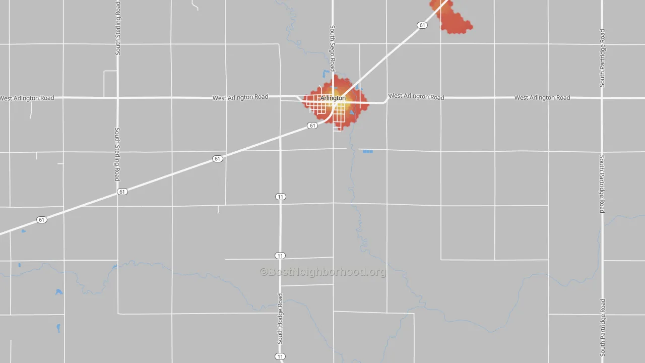 Walk Grade map of Arlington, KS, walkable areas in green and car-dependent areas in red