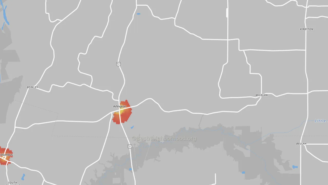 Walk Grade map of Arlington, KY, walkable areas in green and car-dependent areas in red