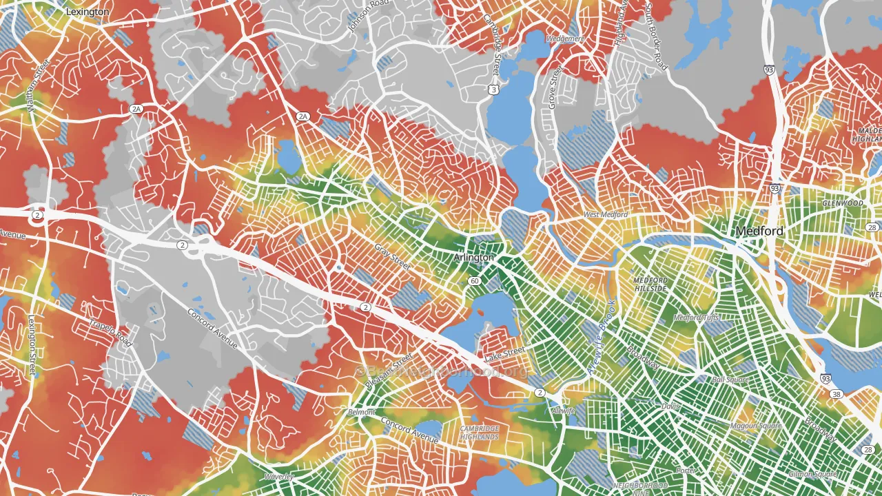 Walk Grade map of Arlington, MA, walkable areas in green and car-dependent areas in red