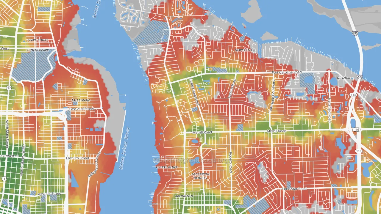 Walk Grade map of Arlington Manor, Jacksonville, FL, walkable areas in green and car-dependent areas in red