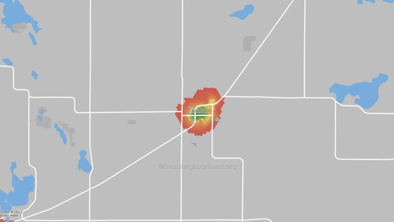 Walk Grade map of Arlington, MN, walkable areas in green and car-dependent areas in red