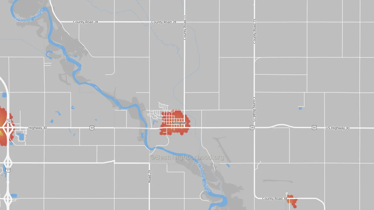 Walk Grade map of Arlington, NE, walkable areas in green and car-dependent areas in red