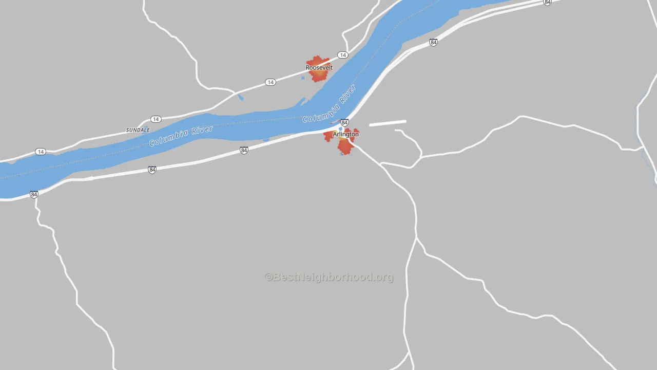 Walk Grade map of Arlington, OR, walkable areas in green and car-dependent areas in red