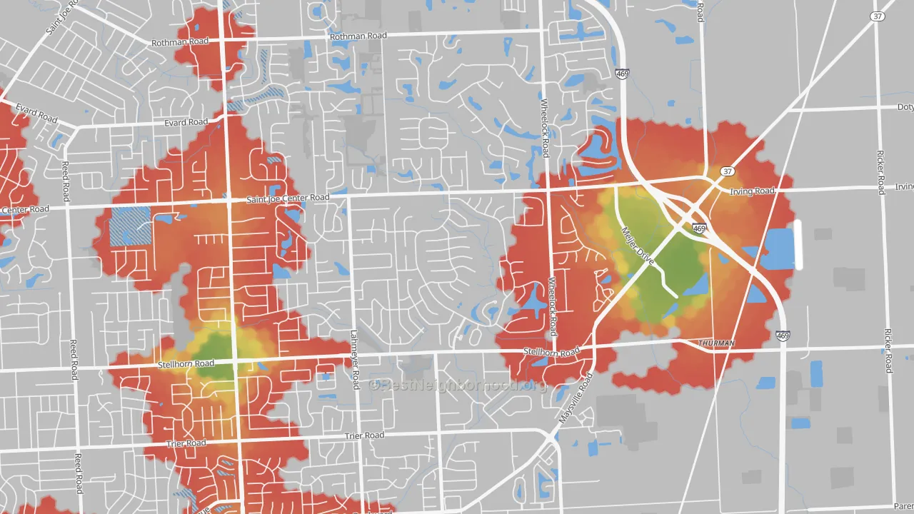 Walk Grade map of Arlington Park, Fort Wayne, IN, walkable areas in green and car-dependent areas in red