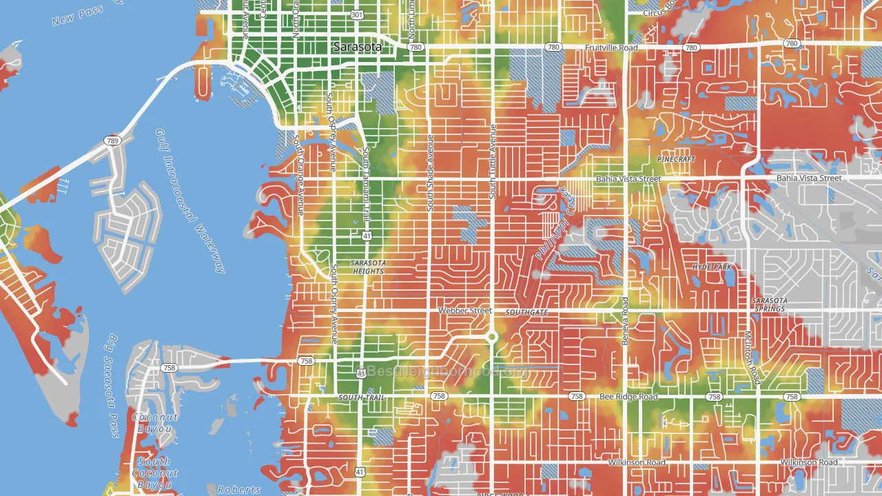 Walk Grade map of Arlington Park, Sarasota, FL, walkable areas in green and car-dependent areas in red