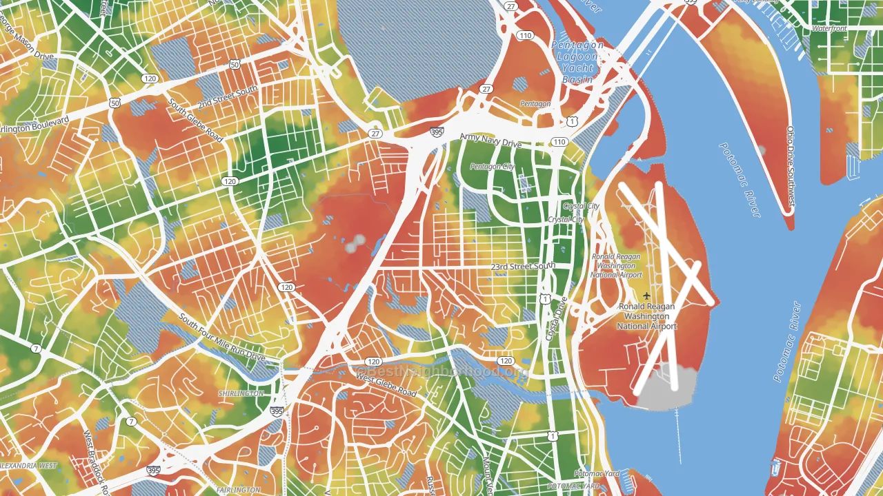 Walk Grade map of Arlington Ridge, Arlington, VA, walkable areas in green and car-dependent areas in red