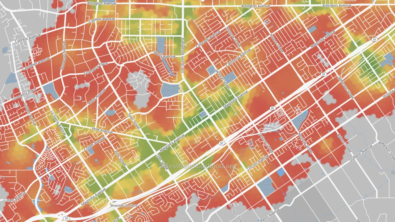 Walk Grade map of Arlington, Riverside, CA, walkable areas in green and car-dependent areas in red