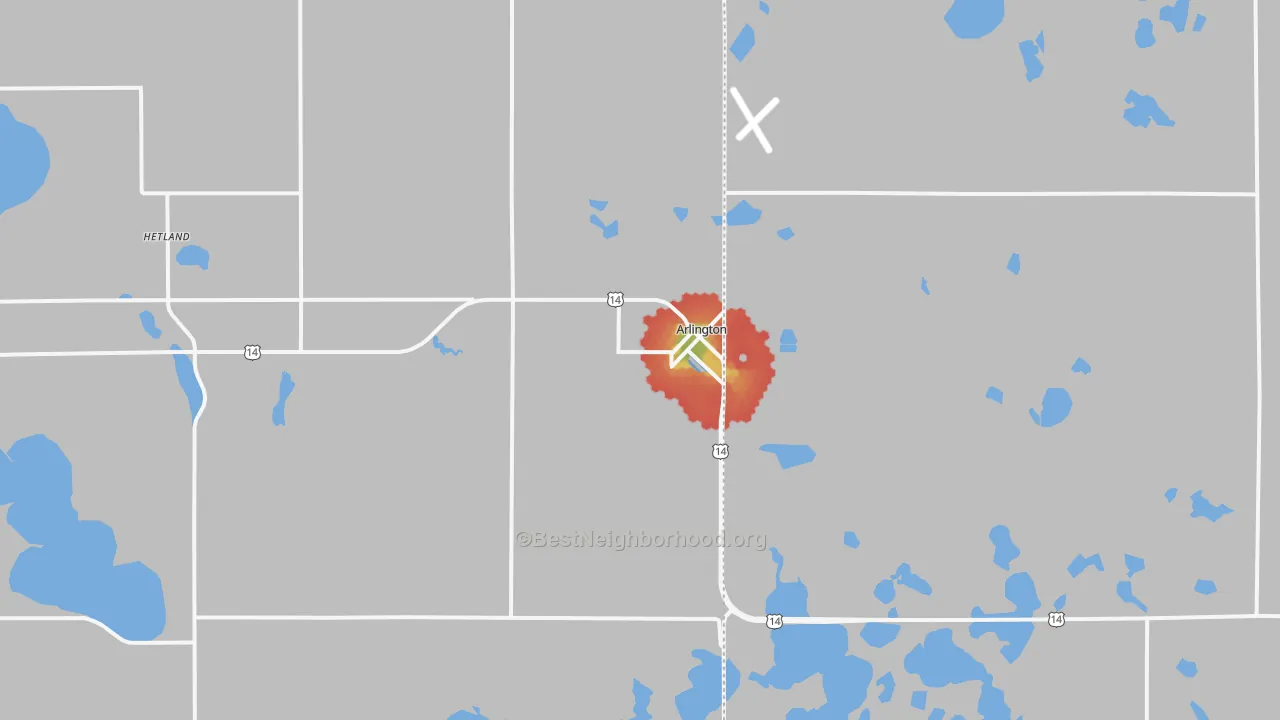 Walk Grade map of Arlington, SD, walkable areas in green and car-dependent areas in red