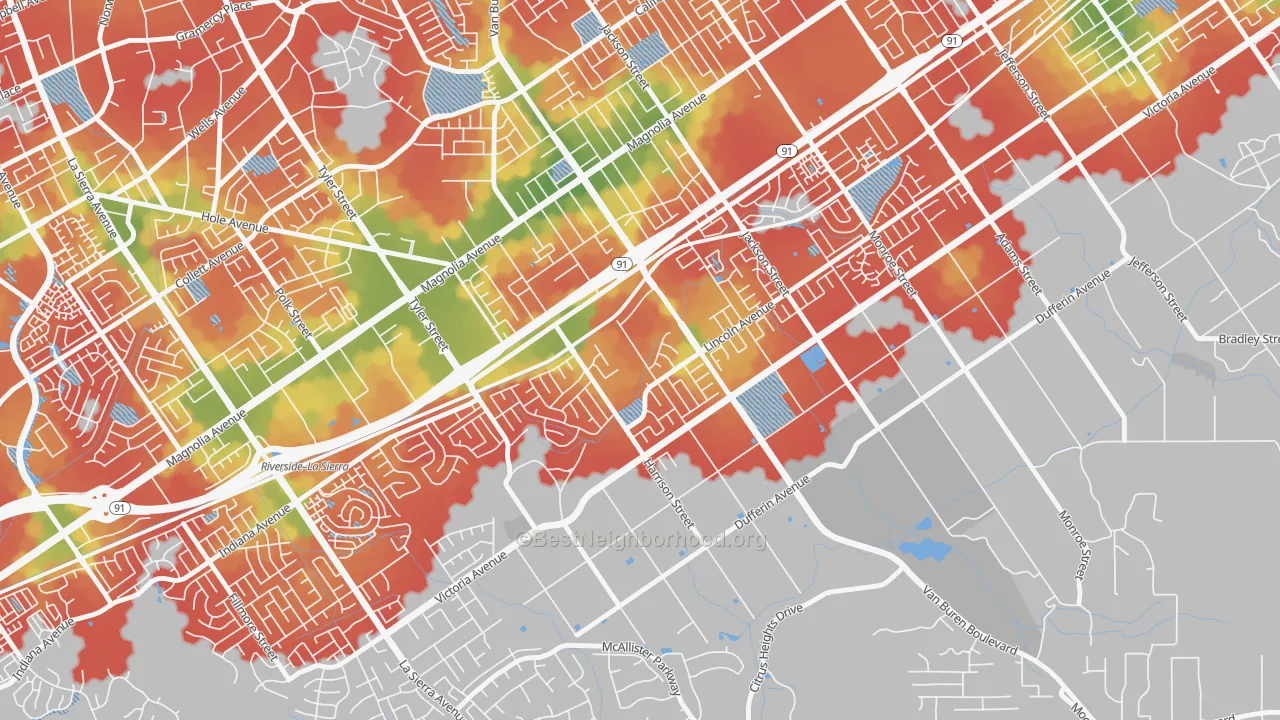 Walk Grade map of Arlington South, Riverside, CA, walkable areas in green and car-dependent areas in red