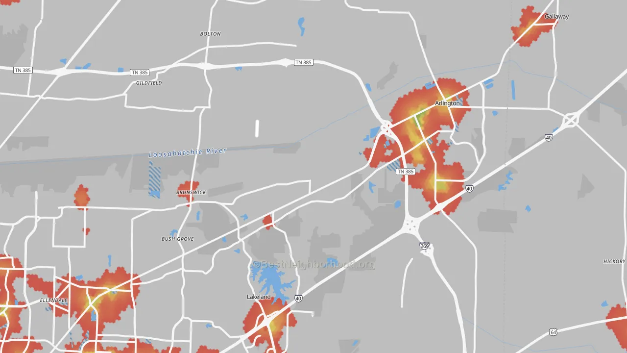 Walk Grade map of Arlington, TN, walkable areas in green and car-dependent areas in red