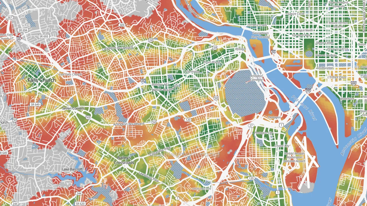 Walk Grade map of Arlington, VA, walkable areas in green and car-dependent areas in red