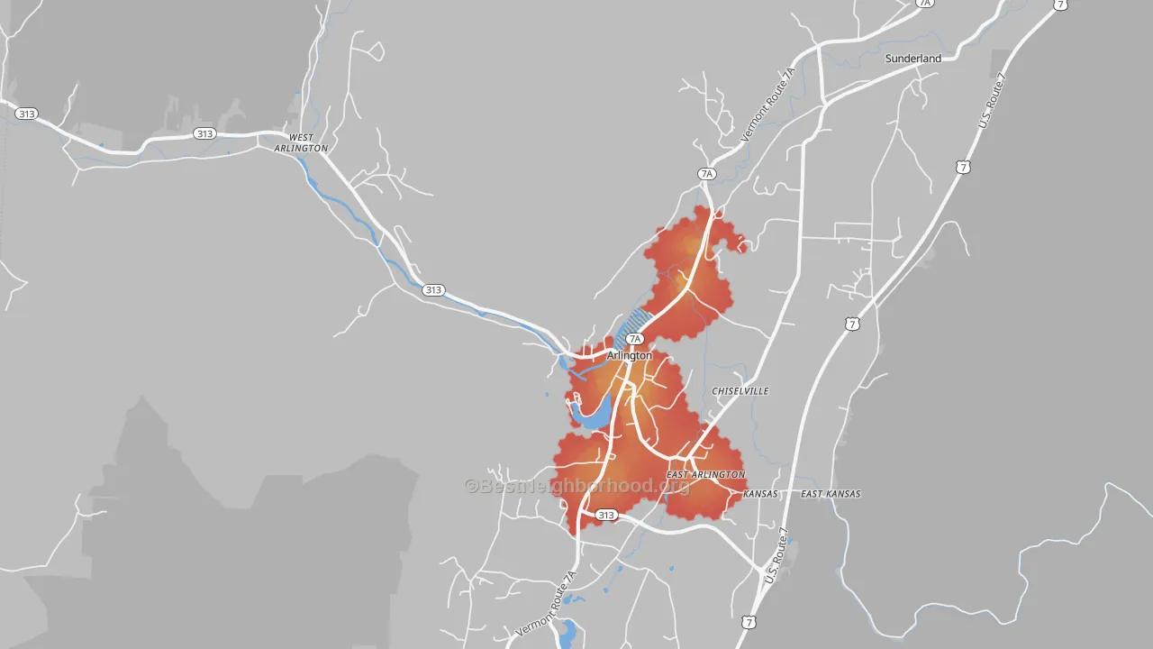 Walk Grade map of Arlington, VT, walkable areas in green and car-dependent areas in red