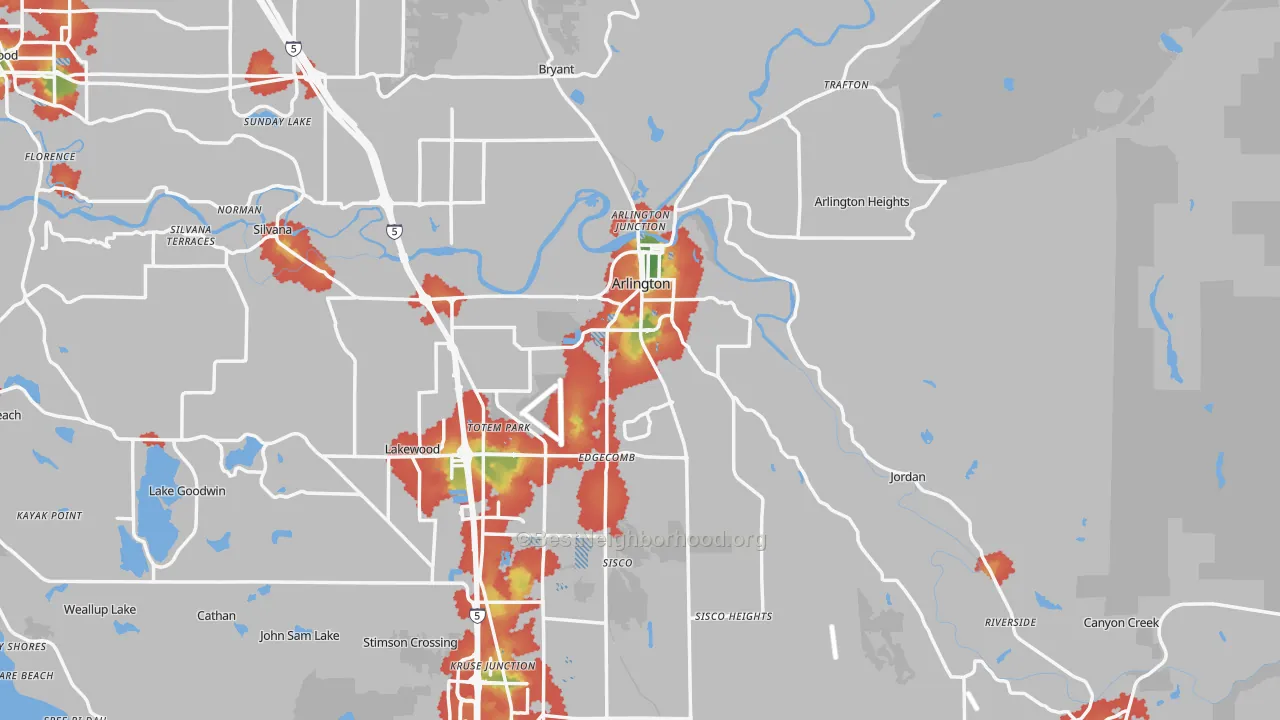 Walk Grade map of Arlington, WA, walkable areas in green and car-dependent areas in red