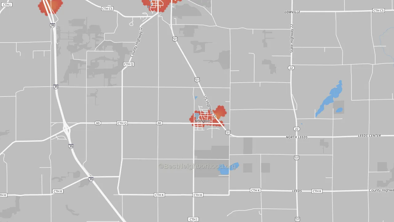 Walk Grade map of Arlington, WI, walkable areas in green and car-dependent areas in red