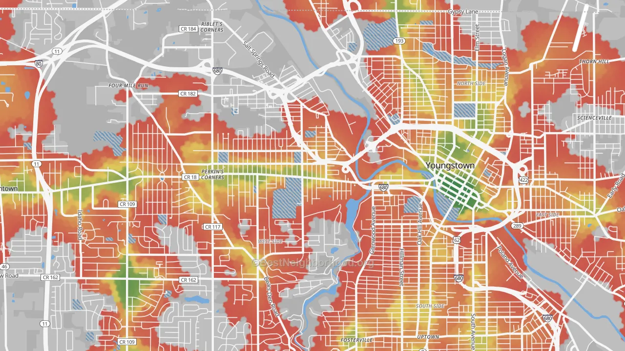 Walk Grade map of Arlington, Youngstown, OH, walkable areas in green and car-dependent areas in red