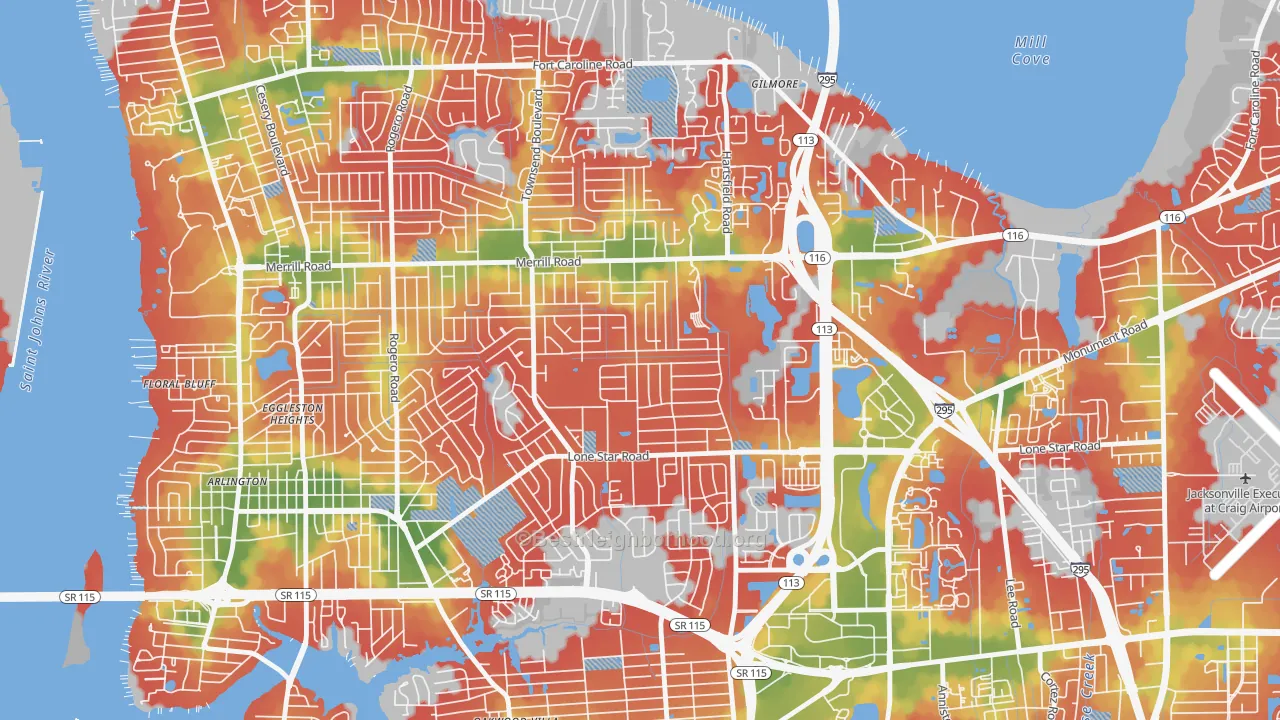 Walk Grade map of Arlingwood, Jacksonville, FL, walkable areas in green and car-dependent areas in red