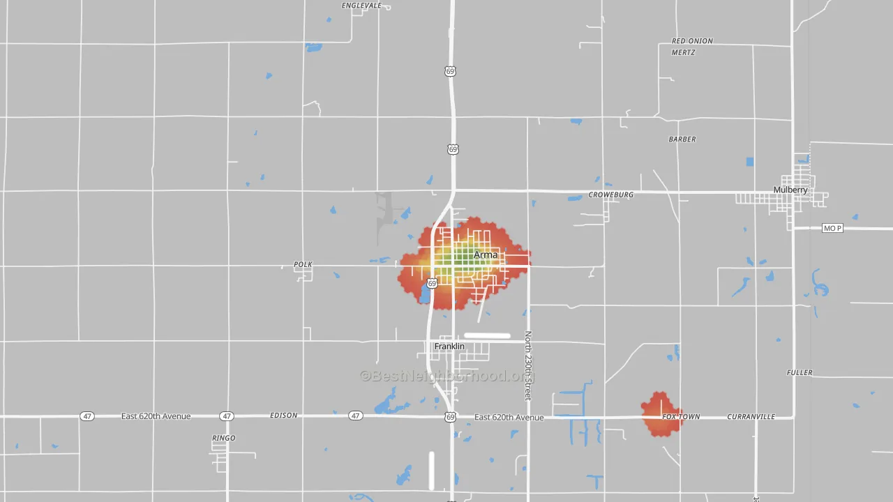 Walk Grade map of Arma, KS, walkable areas in green and car-dependent areas in red