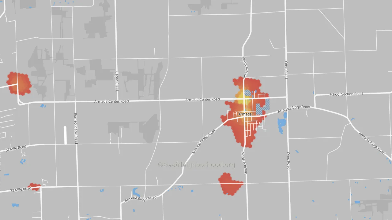 Walk Grade map of Armada, MI, walkable areas in green and car-dependent areas in red