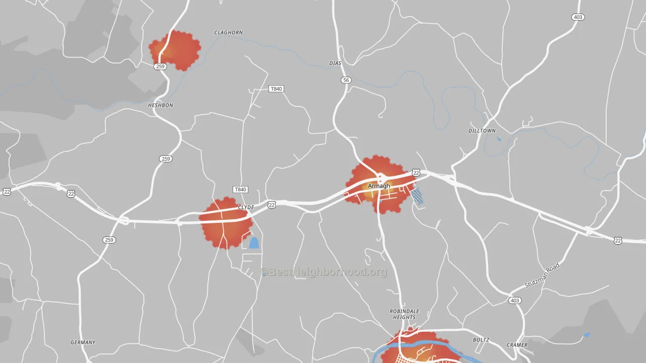 Walk Grade map of Armagh, PA, walkable areas in green and car-dependent areas in red