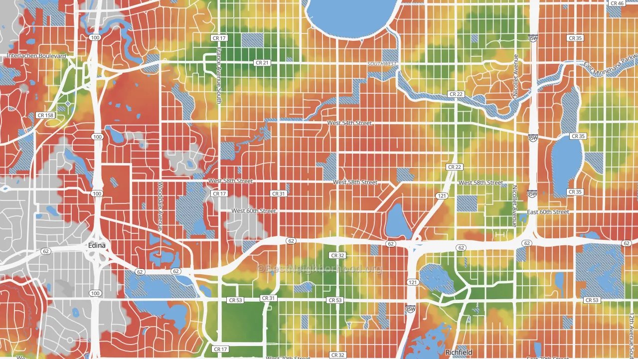 Walk Grade map of Armatage, Minneapolis, MN, walkable areas in green and car-dependent areas in red