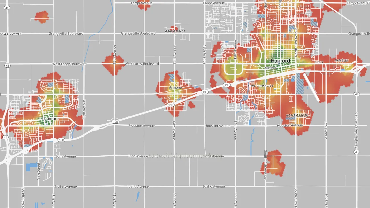 Walk Grade map of Armona, CA, walkable areas in green and car-dependent areas in red