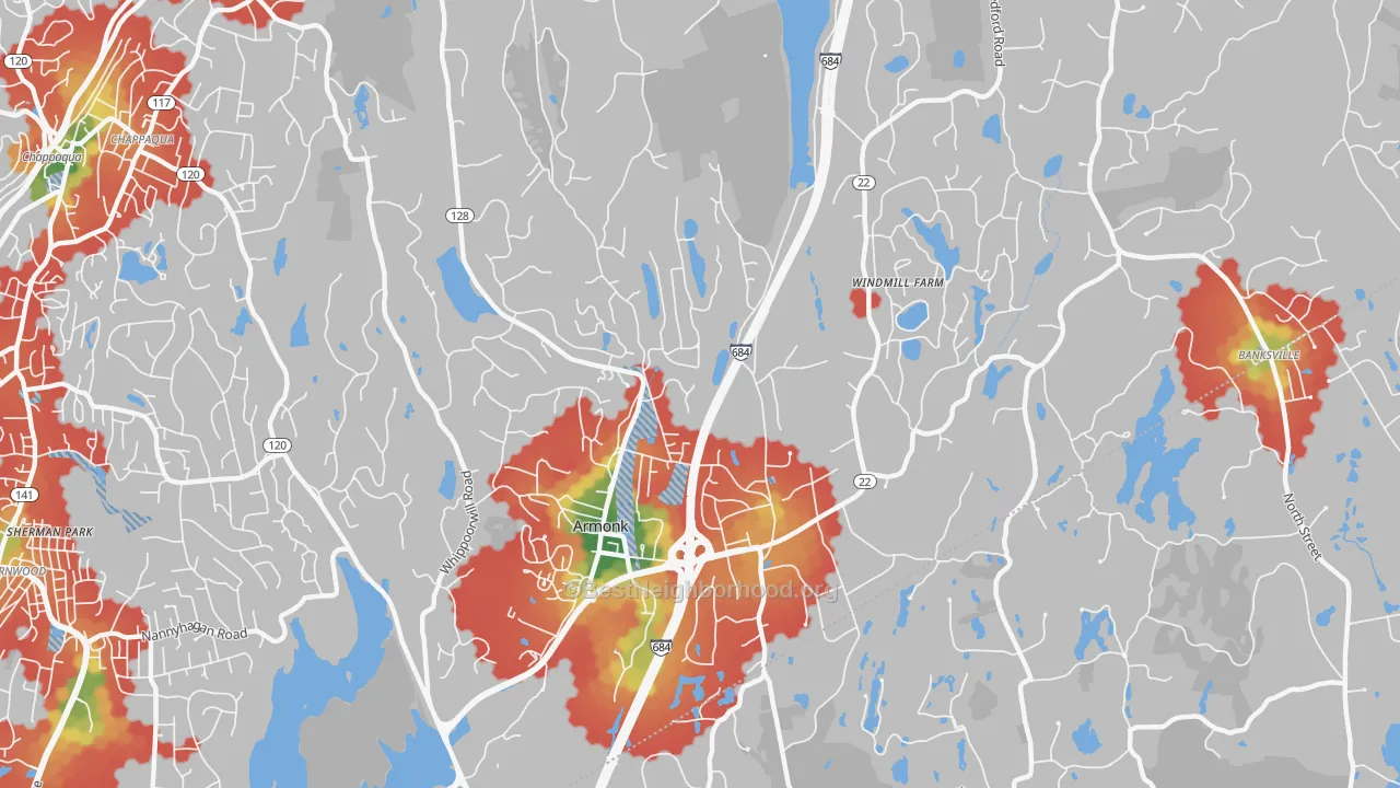 Walk Grade map of Armonk, NY, walkable areas in green and car-dependent areas in red