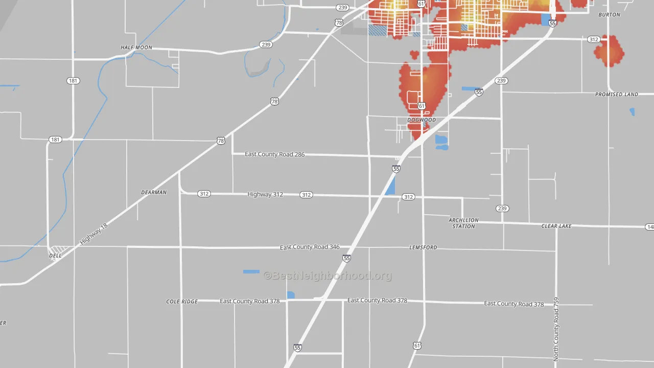 Walk Grade map of Armorel, AR, walkable areas in green and car-dependent areas in red