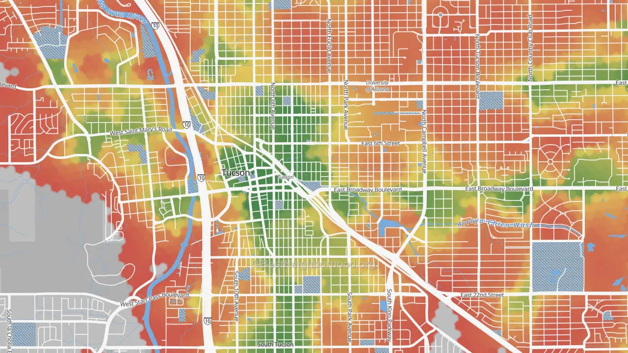 Walk Grade map of Armory Park, Tucson, AZ, walkable areas in green and car-dependent areas in red