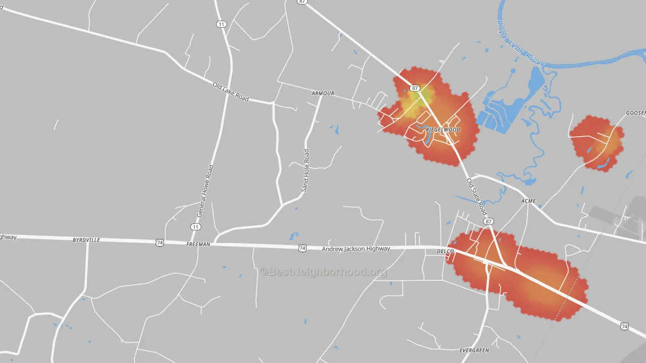 Walk Grade map of Armour, NC, walkable areas in green and car-dependent areas in red