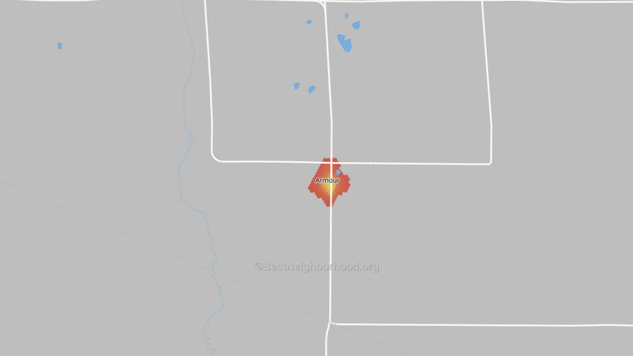 Walk Grade map of Armour, SD, walkable areas in green and car-dependent areas in red