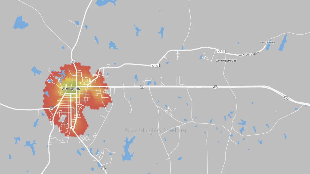 Walk Grade map of Armstrong, AL, walkable areas in green and car-dependent areas in red