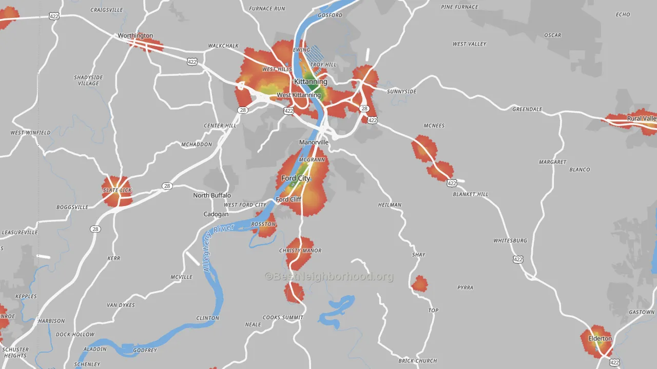 Walk Grade map of Armstrong County, PA, walkable areas in green and car-dependent areas in red