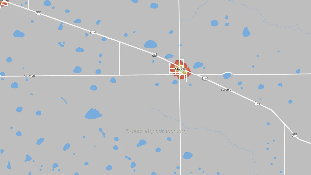 Walk Grade map of Armstrong County, TX, walkable areas in green and car-dependent areas in red