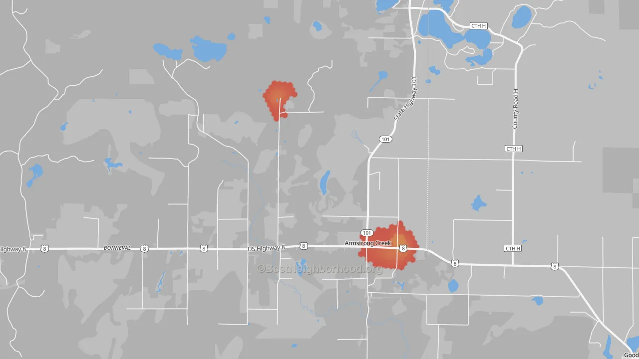 Walk Grade map of Armstrong Creek, WI, walkable areas in green and car-dependent areas in red