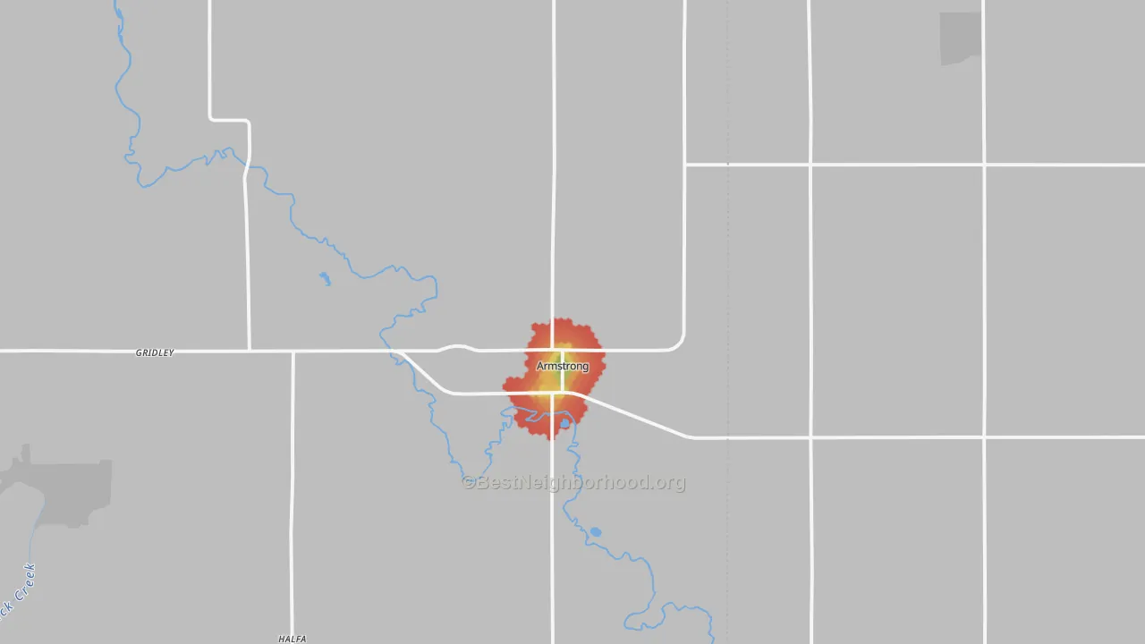 Walk Grade map of Armstrong, IA, walkable areas in green and car-dependent areas in red