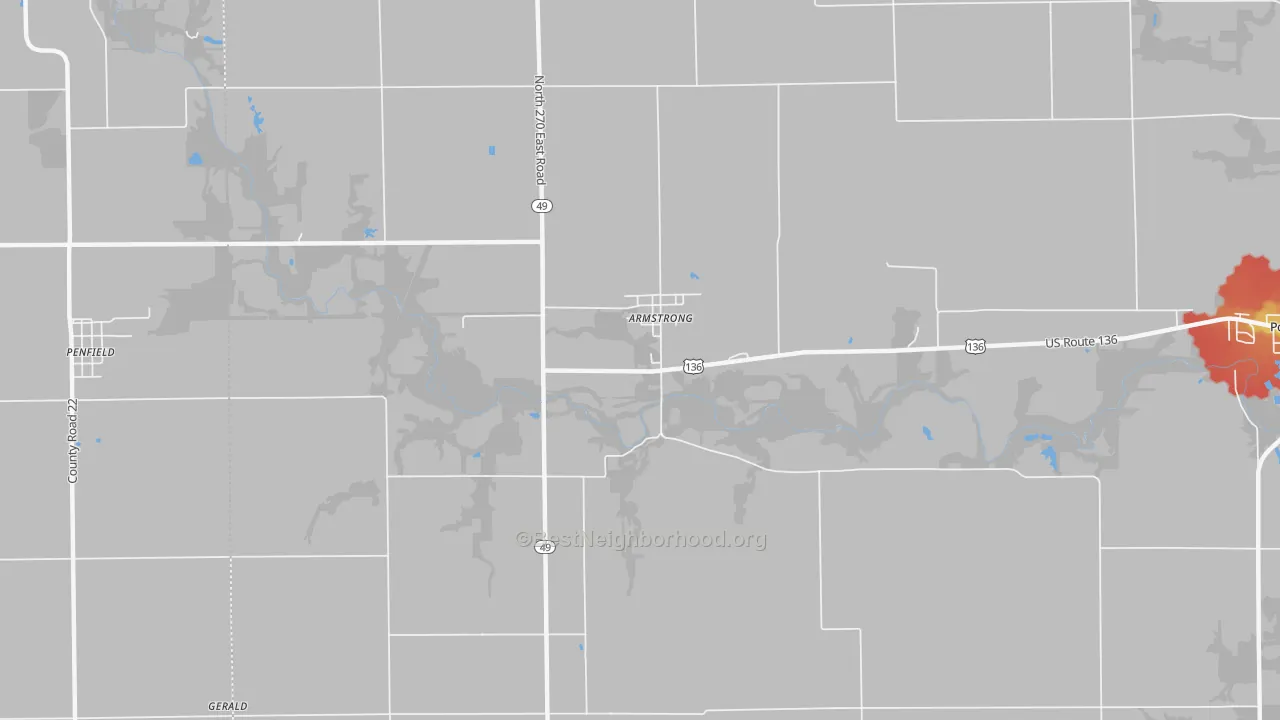 Walk Grade map of Armstrong, IL, walkable areas in green and car-dependent areas in red