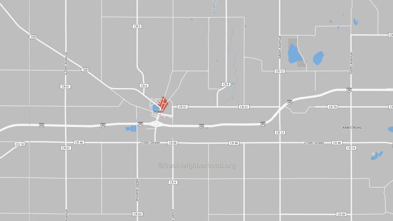 Walk Grade map of Armstrong, MN, walkable areas in green and car-dependent areas in red