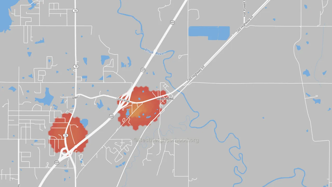 Walk Grade map of Armstrong, OK, walkable areas in green and car-dependent areas in red